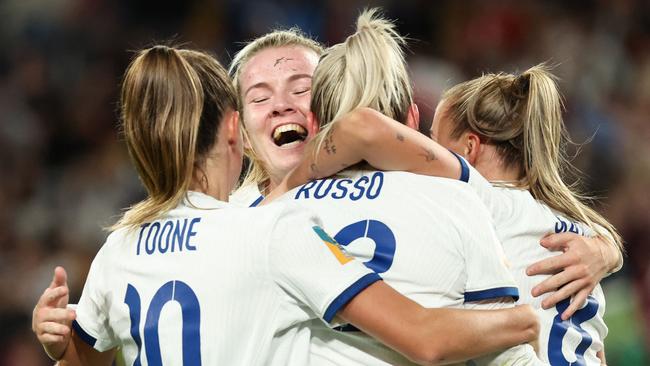 England's forward #23 Alessia Russo celebrates with teammates. Picture: STEVE CHRISTO / AFP