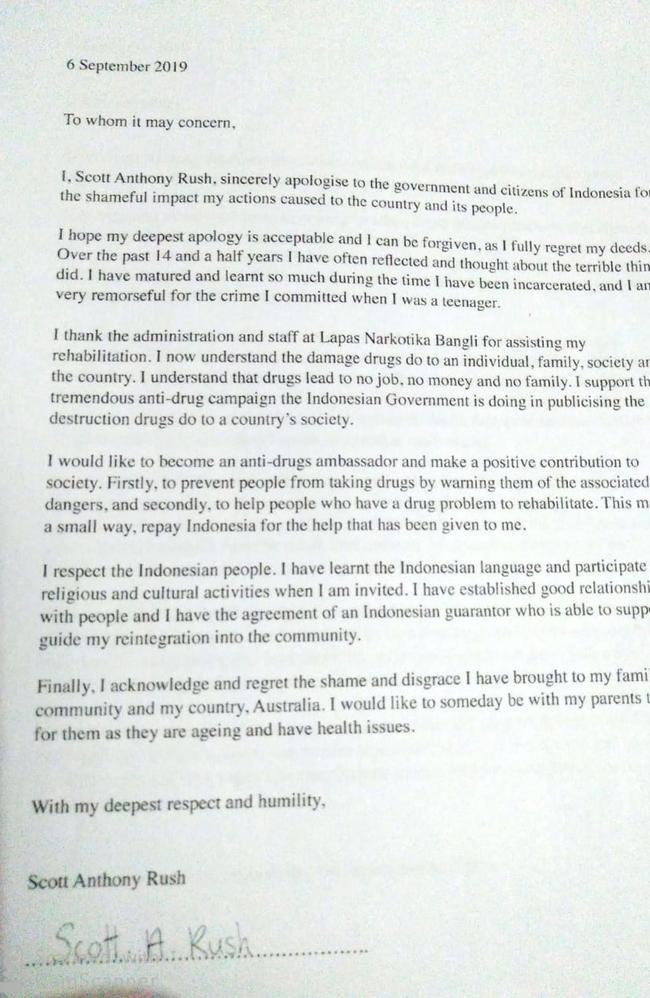 Scott Rush has apologised for his actions in this letter.