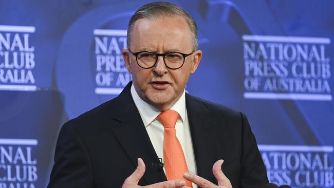 Anthony Albanese makes his case for the revamped stage three tax cuts at the National Press Club in Canberra on Thursday. Picture: NCA NewsWire / Martin Ollman