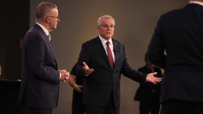 FEDERAL ELECTION TEAM 2022. LEADERS DEBATE.  POOL IMAGES. 20/4/2022Sky News / The Courier-Mail Peopleâs Forum with Scott Morrison and Anthony Albanese at the Gabba in Brisbane in front of 100 undecided voters, the first debate of the federal election. Picture: Jason Edwards