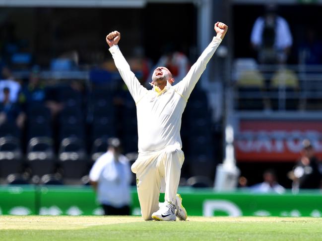 Nathan Lyon of Australia is seen appealing for the wicket of Lahiru Thirimanne of Sri Lanka with an out decision being overturned by the third umpire during day three of the First Test match between Australia and Sri Lanka at The Gabba in Brisbane. Picture: AAP