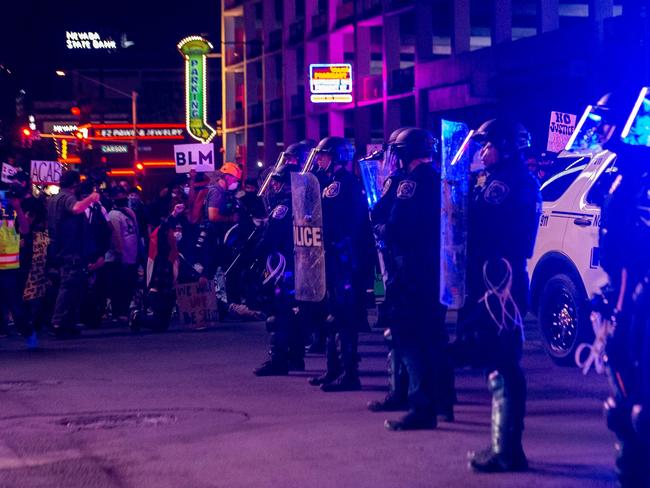 Police officers stand guard in downtown Las Vegas. Picture: AFP