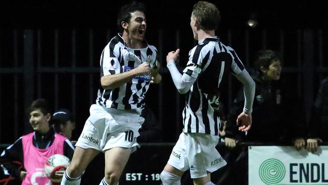 Tom Barforosh celebrates a goal for Brunswick Juventus.