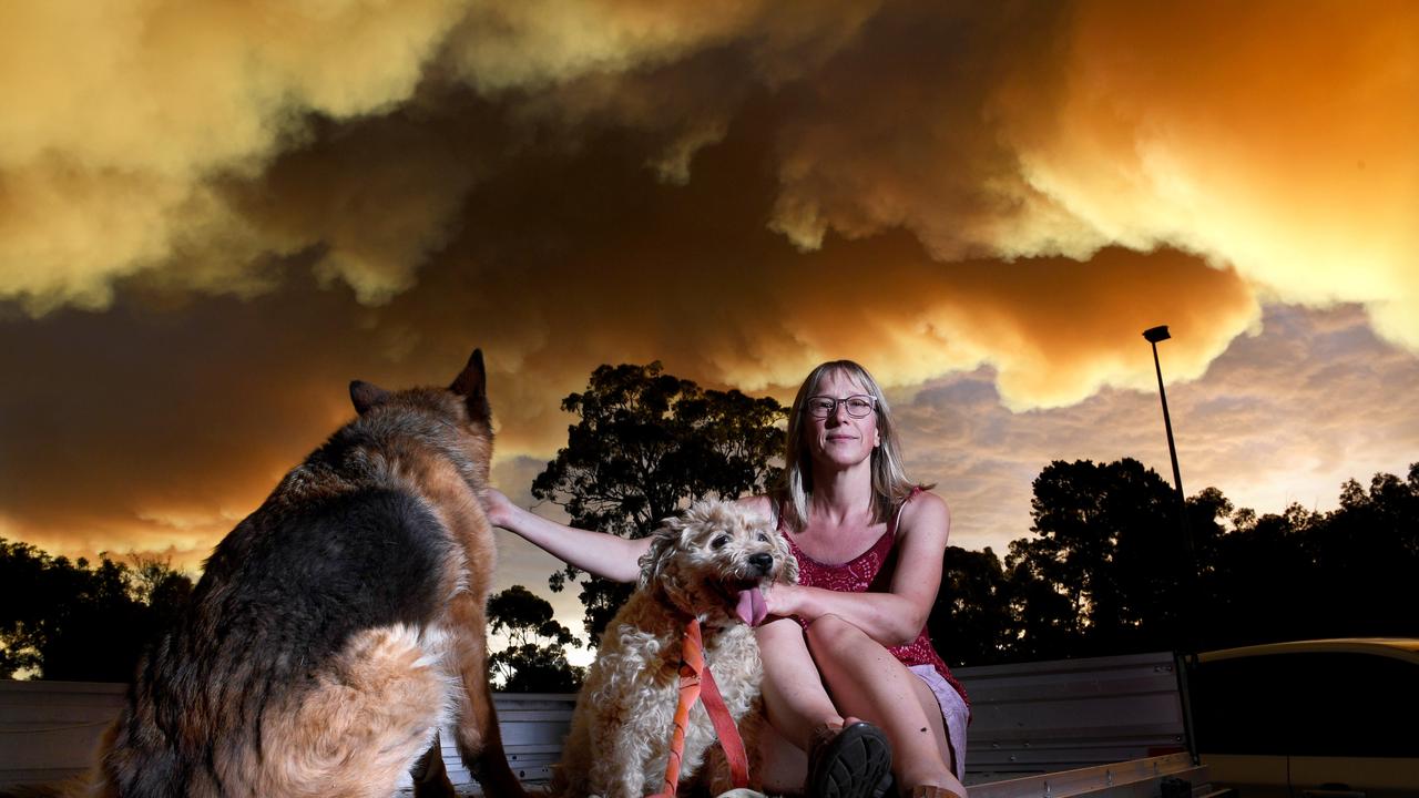 Emma McArthur from Jupiter Creek evacuated to Echunga Oval with dogs Missy and Dusty. Picture: Tricia Watkinson