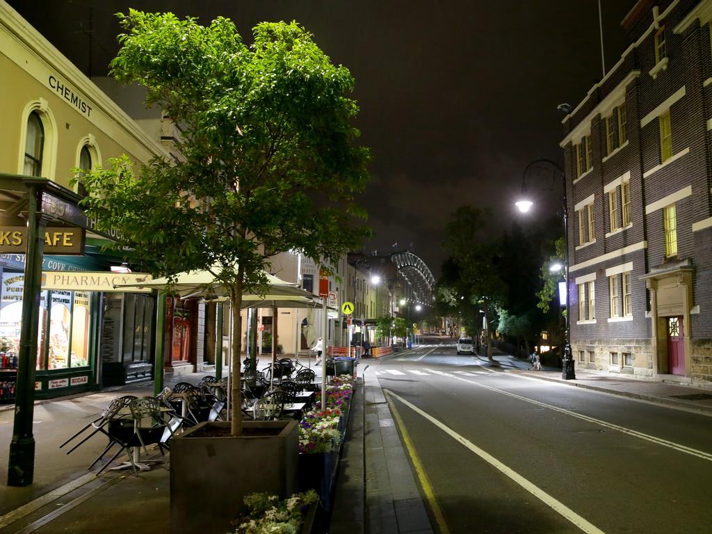 8pm on George St at The Rocks,where Sydney’s nightlife is dead compared to other major cities like London, Paris and New York. Picture: Jonathan Ng