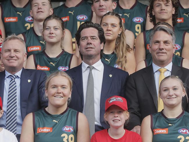 Richard Marles, as Acting Prime Minister, with Tasmanian Premier Jeremy Rockliff, left, and AFL CEO Gillon McLachlan, middle, at the launch of the Tasmanian AFL team. Picture: Nikki Davis-Jones