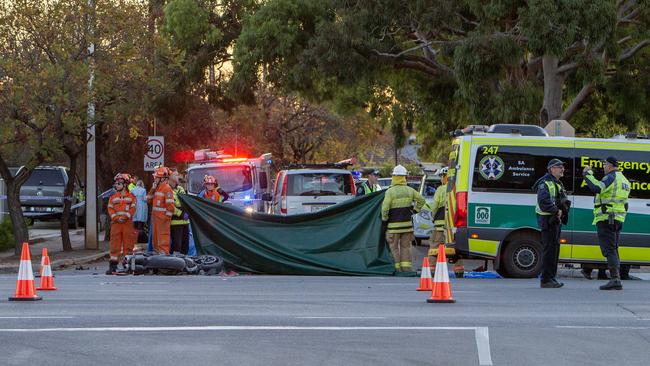 Emergency services at the scene of a fatal crash at the intersection of Portrush Road and Coorara Avenue. Picture: Emma Brasier