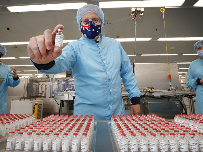 Prime Minister Scott Morrison at the CSL vaccine manufacturing facility in Melbourne. Picture: David Caird