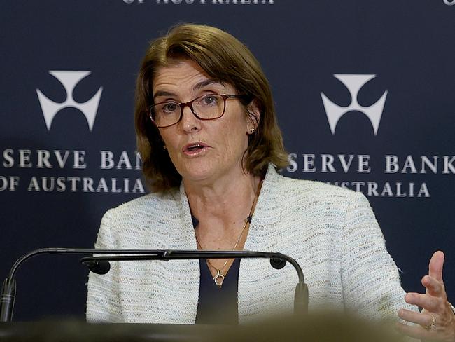 SYDNEY, AUSTRALIA - NewsWire photos FEBRUARY 06, 2024: Pictured is Michele Bullock the Australian economist who is currently governor of the Reserve Bank of Australia speaking at a press conference at the Reserve Bank of Australia (RBA) in Sydney. Picture: NCA NewsWire / Dylan Coker