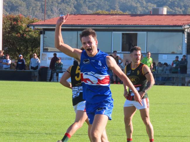Matthew Lee, celebrates kicking a goal for South Launceston in 2023. Picture: Jon Tuxworth