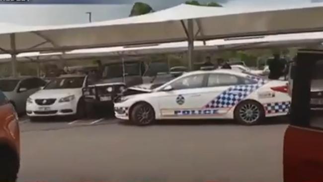 A crime scene was set-up after police shot at a car believed to be stolen car at an Upper Coomera shopping centre. Photo: Channel 7 News.