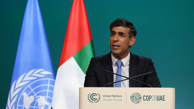 British Prime Minister Rishi Sunak speaks during day one of the high-level segment of the UNFCCC COP28 Climate Conference at Expo City Dubai. Picture: Sean Gallup/Getty Images