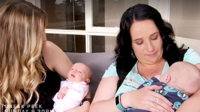 Cathie Thomas and baby Hannah and Koby Argall with three-month old William. Picture: Channel 9 / 60 Minutes