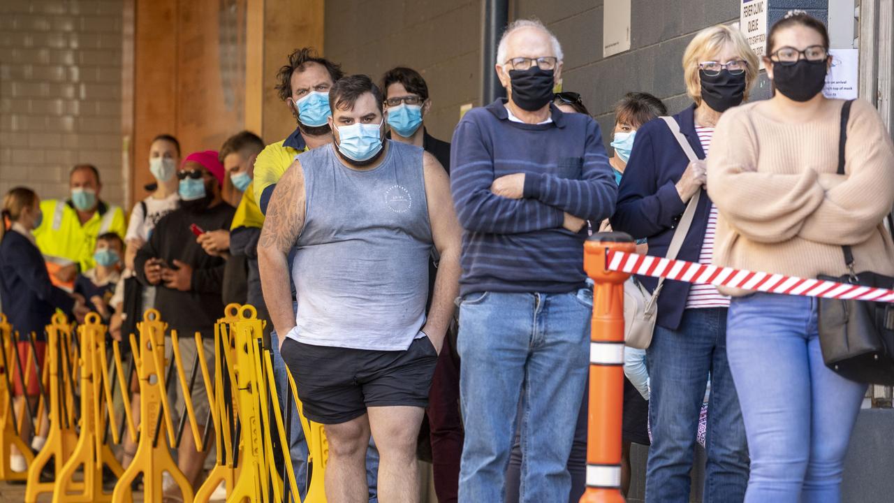 The COVID-19 testing line: Queenslanders’ willingness to submit to distancing measures are a key reason the State has fared well in the pandemic. Picture: Glenn Hunt/Getty Images