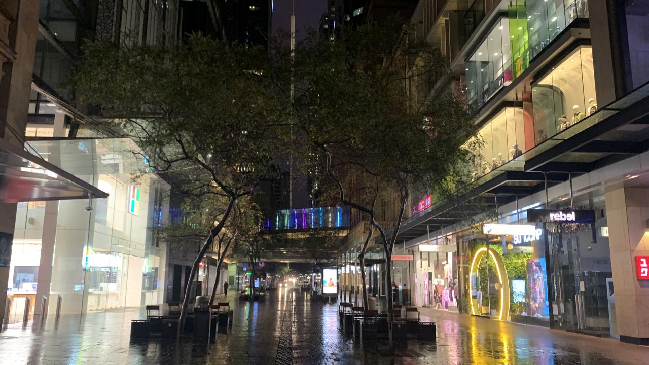 An empty Pitt St Mall in Sydney’s CBD at 5pm when shops should be busy. Picture: Benedict Brook.