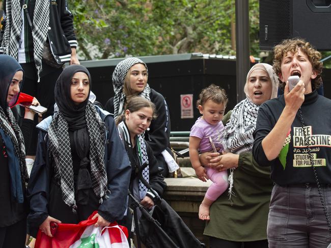 An organiser addresses the protest. Picture: NCA NewsWire / Monique Harmer