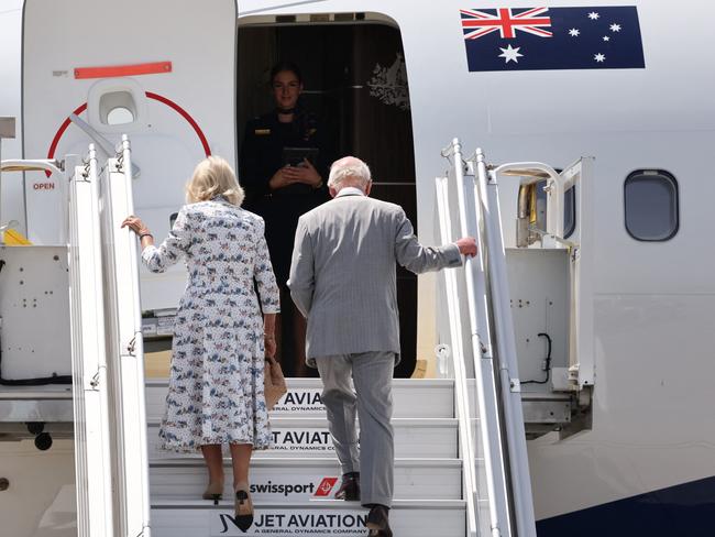 Britain's King Charles III and Queen Camilla prepare to depart from Sydney Airport in Sydney on October 23, 2024, after a six-day royal visit to Sydney and Canberra. (Photo by David GRAY / AFP)