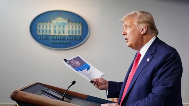 US President Donald Trump gives holds a press conference on a Covid-19 vaccine playbook and distribution plan in the Brady Briefing Room at the White House on Wednesday. Picture: AFP