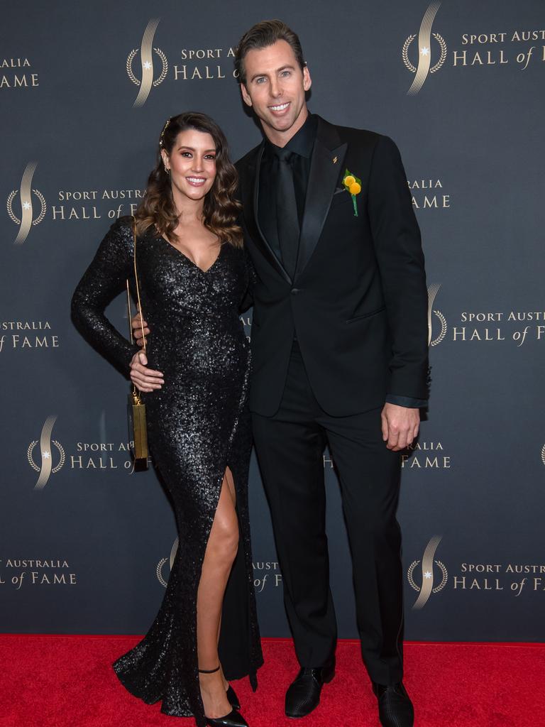 Grant Hackett and then-fiance Sharlene at the 2019 Sport Australian Hall of Fame red carpet, at Crown Casino. Picture: Jason Edwards.