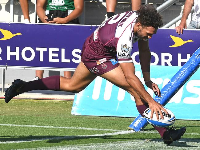 Burleigh winger Tyronne Roberts-Davis scores the first try in today’s Intrust Super Cup grand final against Wynnum Manly. Picture: AAP/John Gass