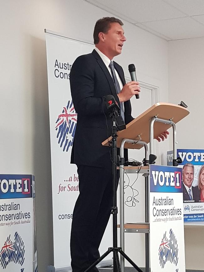 Australian Conservatives leader Cory Bernardi at his party's SA Election launch.