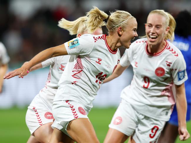 Denmark’s Pernille Harder celebrates with teammates. Picture: Paul Kane/Getty Images