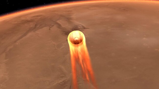 An artist's impression obtained from NASA shows InSight's entry, descent and landing at Mars. Picture: HO/NASA/JPL-CALTECH/AFP