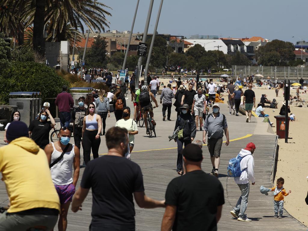 From 11.59pm Sunday Melbourne’s 25km travel restriction will be relaxed, opening up areas like St Kilda beach to more people.. Picture: NCA NewsWire / Daniel Pockett