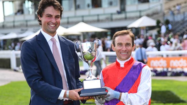 Luke Currie enjoying the Blue Diamond win of Artorius with trainer Sam Freedman in 2021. Picture: Vince Caligiuri/Getty Images