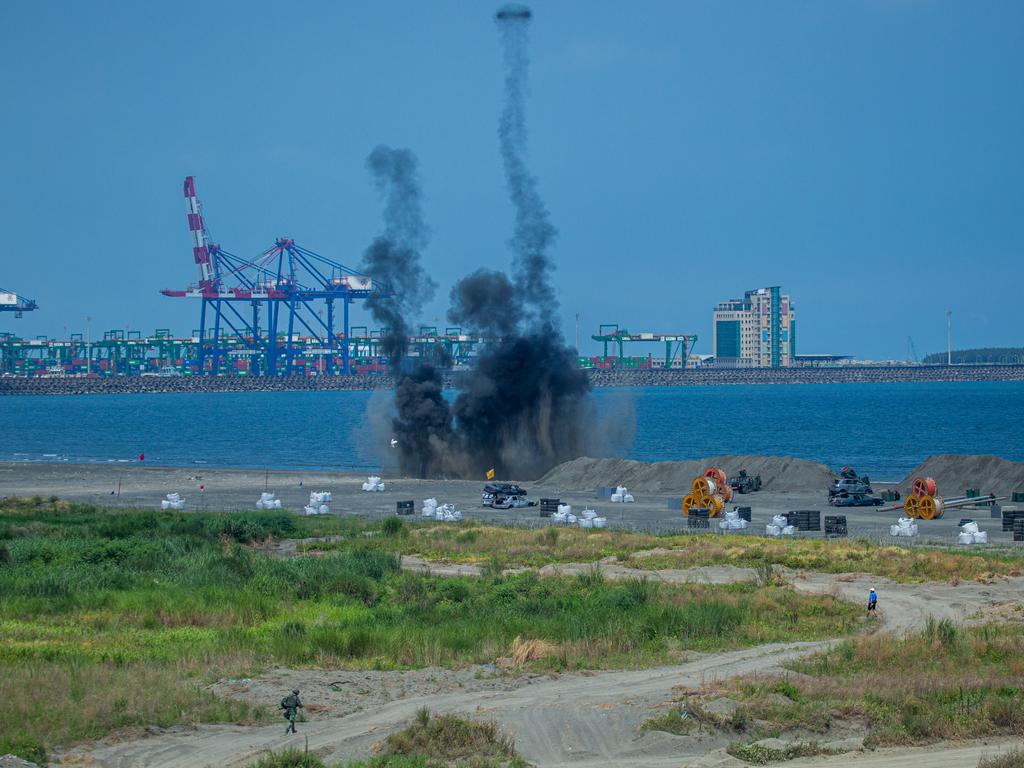 An explosion is seen during the Han Kuang military exercise, which simulates China's People's Liberation Army (PLA) invading the island on July 27, 2022 in New Taipei City, Taiwan.