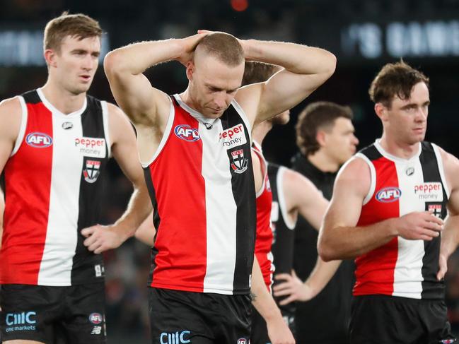 MELBOURNE, AUSTRALIA - JUNE 17: Callum Wilkie of the Saints looks dejected after a loss during the 2022 AFL Round 14 match between the St Kilda Saints and the Essendon Bombers at Marvel Stadium on June 17, 2022 in Melbourne, Australia. (Photo by Michael Willson/AFL Photos via Getty Images)