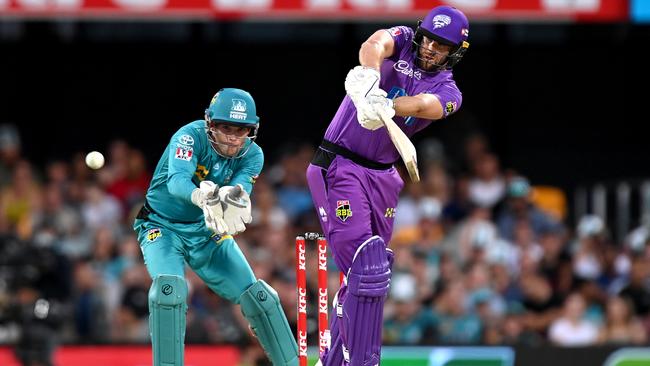 Dawid Malan of the Hurricanes plays a shot during the Big Bash League match between the Brisbane Heat and the Hobart Hurricanes at The Gabba, on December 27, 2020, in Brisbane, Australia. (Photo by Bradley Kanaris/Getty Images)