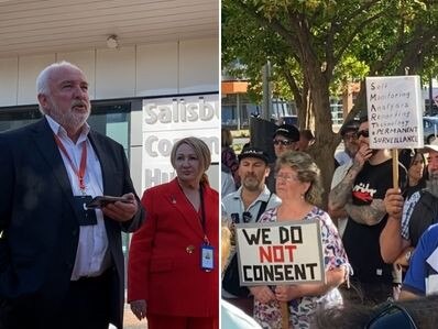 Salisbury chief executive John Harry and mayor Gillian Aldridge (left) and gathering protestors. Pictures: Brinley Duggan