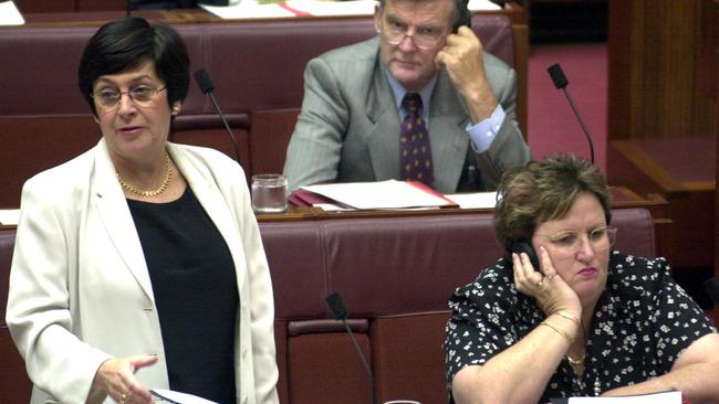 Senator Amanda Vanstone (right) and Senator Bill Heffernan (centre) listed to Senator Kay Patterson during Question Time in March 2002. Picture: File