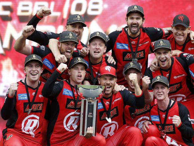 MELBOURNE, AUSTRALIA - FEBRUARY 17: Renegades players celebrate after the Big Bash League Final match between the Melbourne Renegades and the Melbourne Stars at Marvel Stadium on February 17, 2019 in Melbourne, Australia. (Photo by Darrian Traynor/Getty Images)