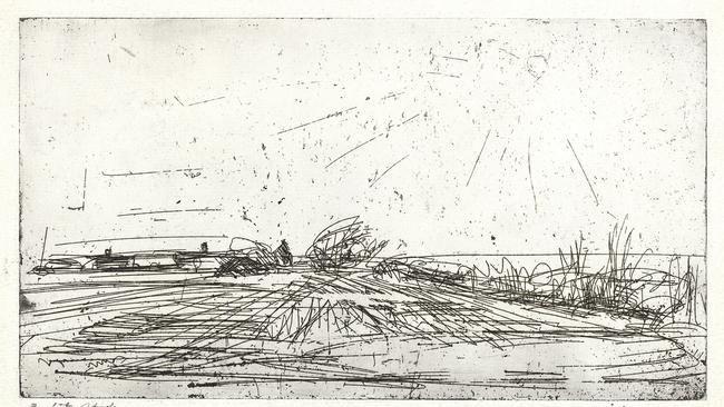 Fred Williams West wittering 1955-1956 etching, foul-bite and plate-tone 12.5 × 22.5 cm (plate) 15.8 × 25.2 cm (sheet) National Gallery of Victoria, Melbourne Presented through The Art Foundation of Victoria by Mrs Lyn Williams, Founder Benefactor, 1995 © Estate of Fred Williams