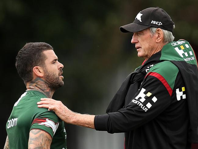 Captain Adam Reynolds with coach Wayne Bennett during South Sydney Rabbitohs training ahead of their first game of the season against the Sharks.  Picture. Phil Hillyard