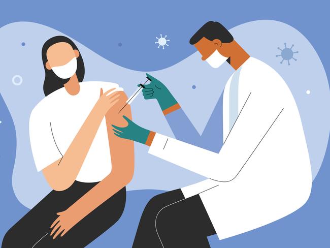 Covid-19 vaccination, doctor injecting a patient, Medical doctor wearing protective mask giving a vaccine shot in arm, muscle injection. coronavirus immunization, vector illustration