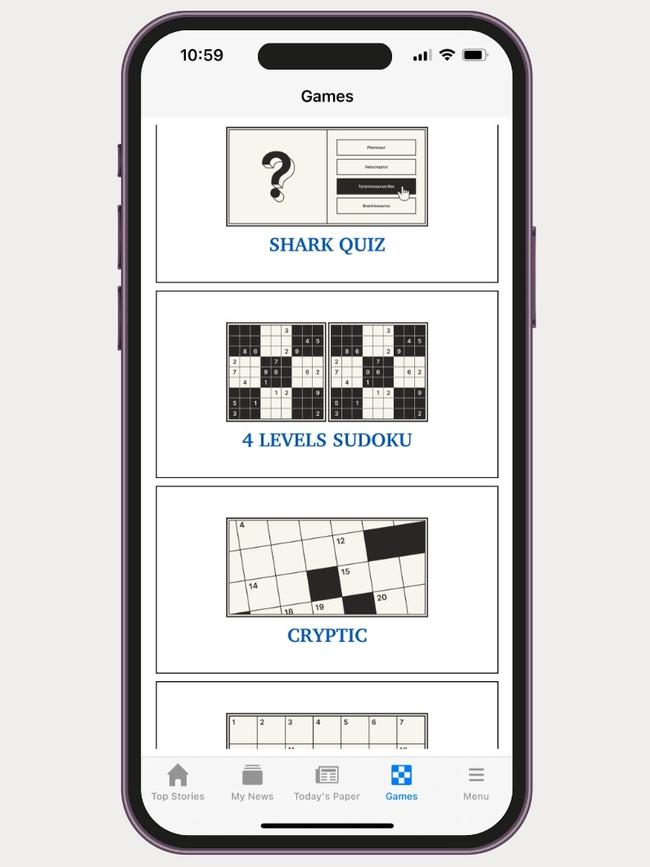 The Games section hosts the daily Shark Quiz plus sudoku and quick and cryptic crosswords.