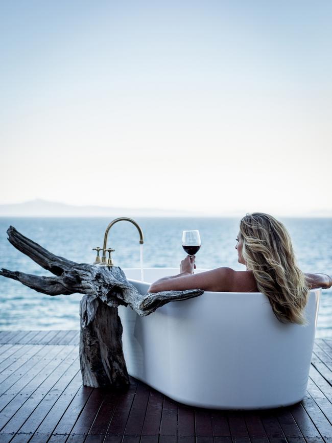 The Instagram-worthy outdoor bath overlooking the ocean at Thalia Haven on Tasmania’s East Coast. Picture: Adam Gibson