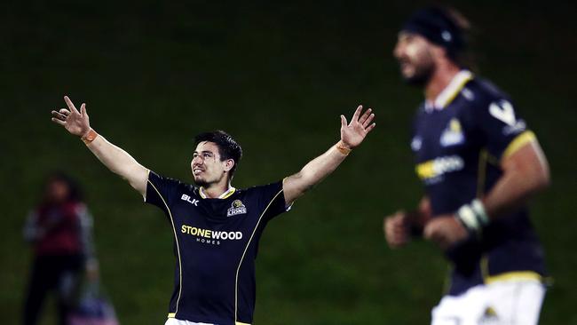 Jackson Garden-Bachop of Wellington celebrates after the winning penalty kick in Pukekohe.