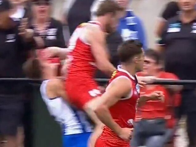 Community Cup series. St Kilda vs North Melbourne at RSEA Park, Moorabbin. Jimmy Webster and Jy Simpkin incident  Picture: Channel 9