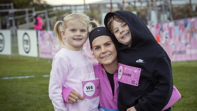 Mother's Day Classic run and walk at Bellerive, Jess Webb with her kids Eve 5 and Oliver 9. Picture: Chris Kidd