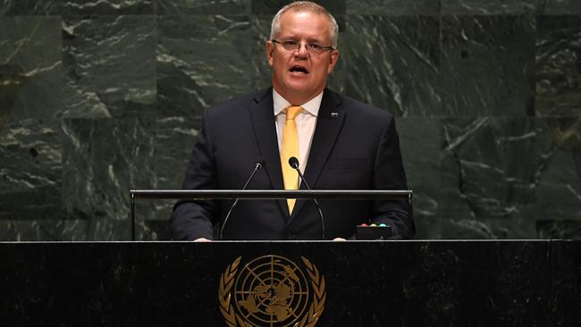 Prime Minister of Australia Scott Morrison speaks at the General Assembly at the United Nations headquarters in New York. Picture: Timothy A. Clary/AFP