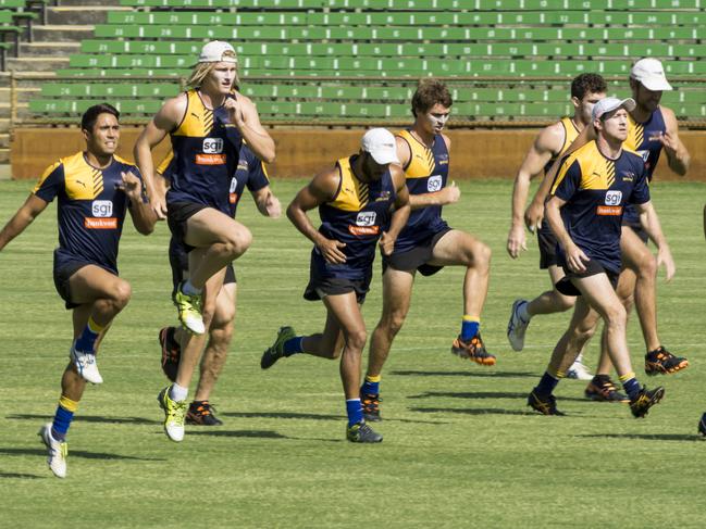 West Coast Eagles players during an open training session at Subiaco Oval on Wednesday. Picture: Matthew Poon