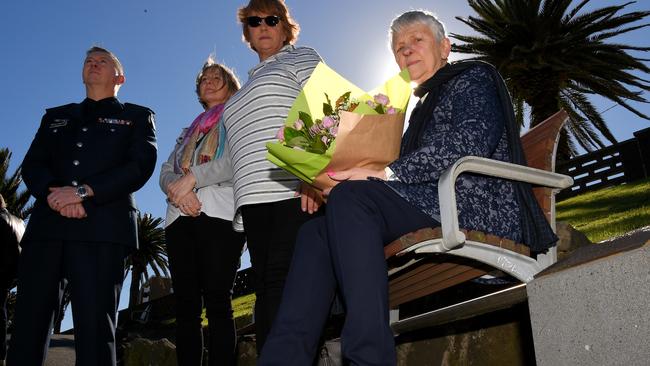 Inspector Wayne Newman, Laura and Karen Stilwell and Jean Priest at the spot where Linda was abducted from 50 years ago in St Kilda. Picture: Nicole Garmston