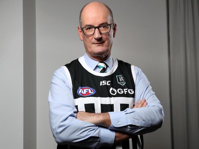 David Koch, Port Adelaide chairman, wearing the clubs black and white striped guernsey. The fight between Port Adelaide and Collingwood football clubs has heated up today with the fight over the wearing of the black and white guernsey referred to the AFL's legal department. Picture: Jonathan Ng