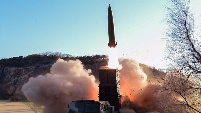 North Korea test fires a new-type tactical guided weapon on Saturday. Picture: AFP