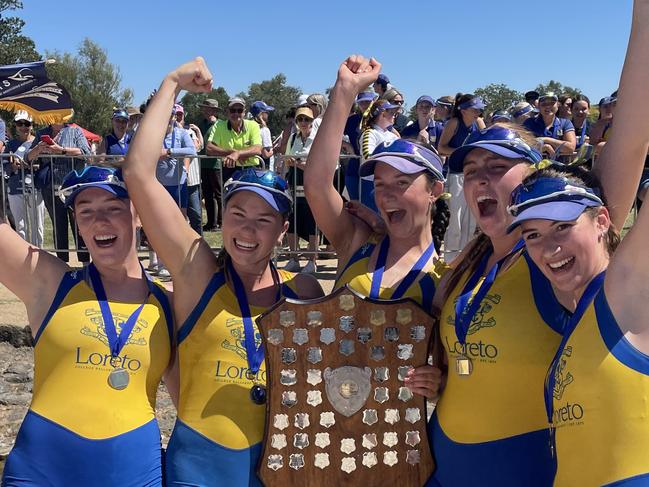 The winning Loreto College Division 1 open crew who won the Head of the Lake. Meg Lynch, Isabella Rossato, Eliza Dodd, Olive Lanyon, Mia McTigue. Picture: Shane Jones.