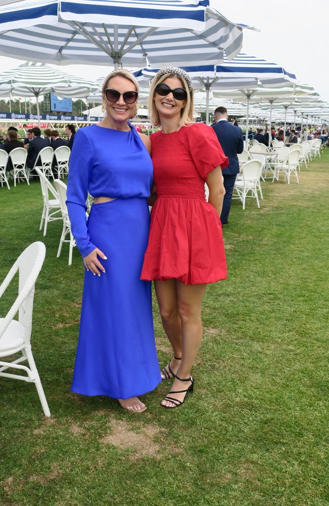 Sally and Tina at Seppelt Wines Stakes Day 2024 at Flemington Racecourse. Picture: Gemma Scerri